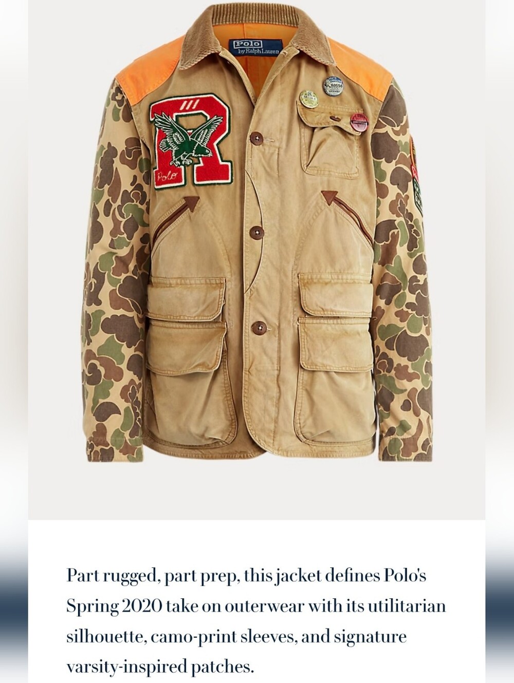 NWT Men's Polo by Ralph Lauren Khaki Jacket with Camo Sleeves and Orange Accents - Picture 4 of 9